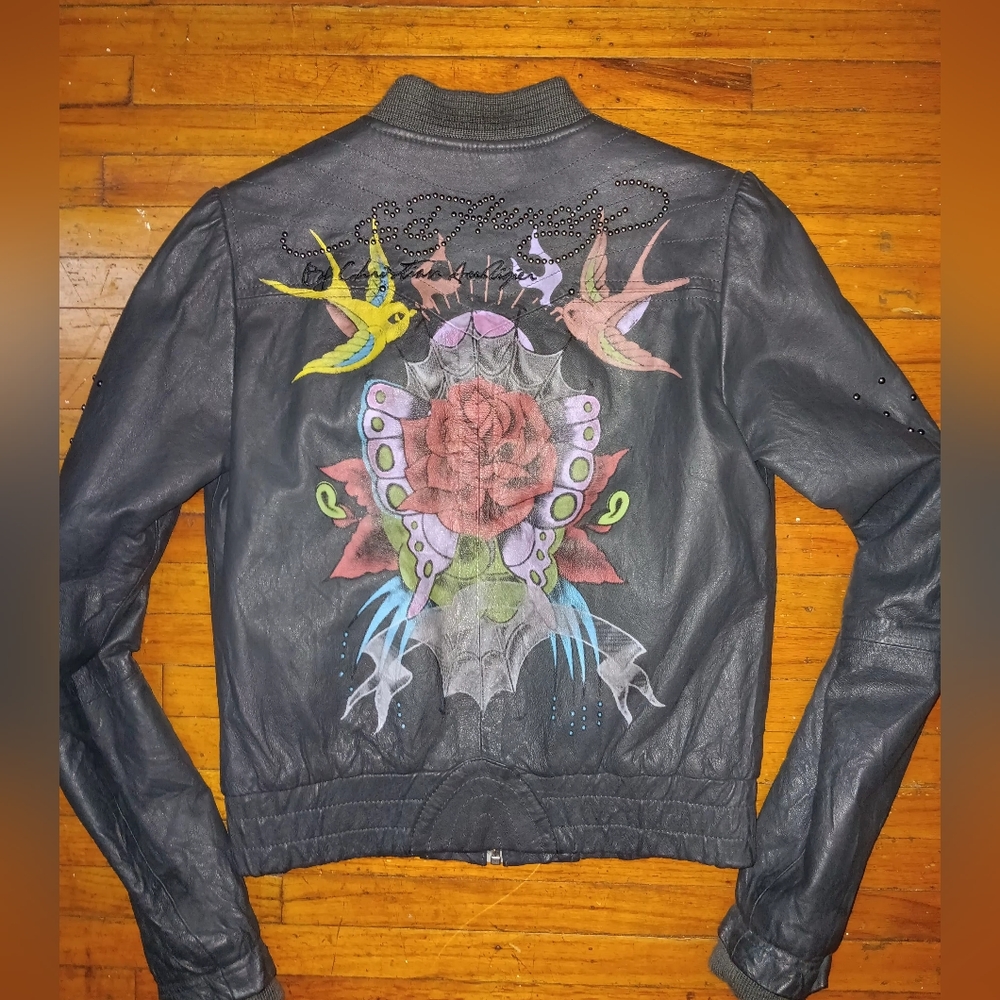 Ed Hardy Black Leather Jacket with Colorful Design